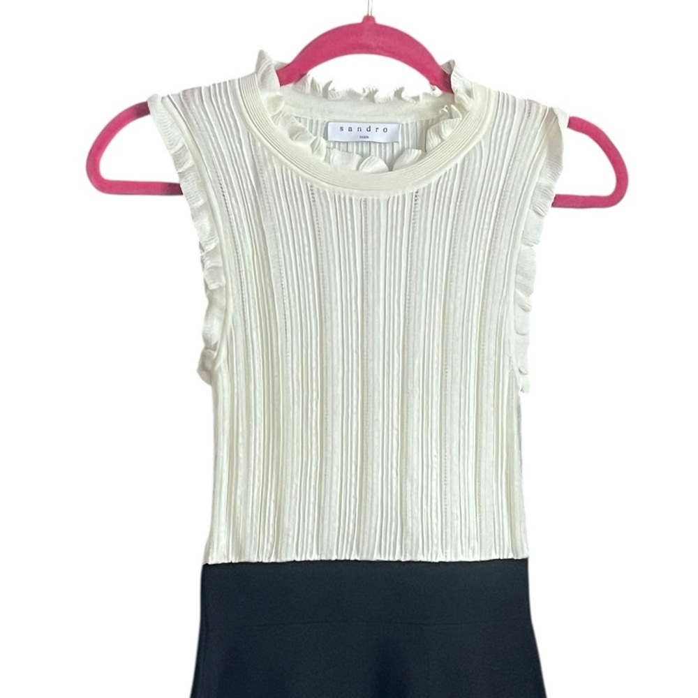 SANDRO PARIS Edda Black White Midi Sleeveless Ruffle Career Cocktail Dress S - Picture 4 of 8